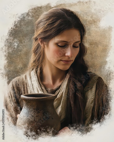 Elegant Christian Portrait of a Samaritan Woman Holding a Rustic Clay Water Jug Evoking Compassion, Tradition and Timeless Biblical Heritage in Soft Tones