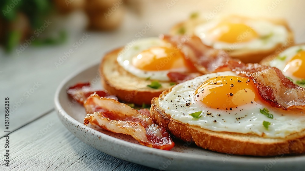 Sunny-side eggs, bacon, toast breakfast Sunny-side eggs, bacon, toast breakfast