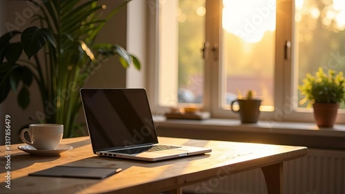 Wallpaper Mural A cozy home office with a laptop, a cup of coffee, and sunlight streaming through large windows, modern interior design, shot on a professional camera with high detail and soft focus, warm tones Torontodigital.ca