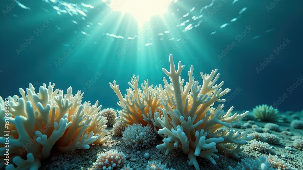 Obraz premium Close-up of bleached coral reef underwater with sunlight shining through ocean 