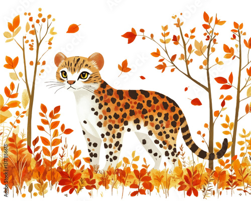 Vector Illustration of a Leopard in Autumn Forest with Vibrant Foliage and Falling Leaves, Perfect for Wildlife Art Lovers and Seasonal Nature Decor Enthusiasts