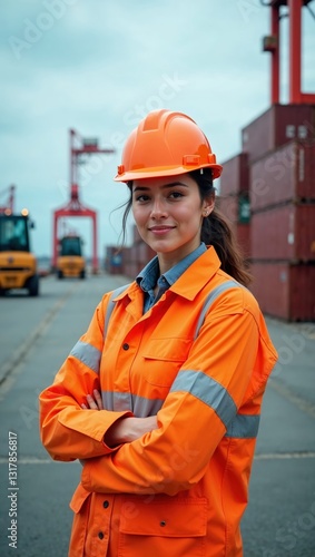 A Multiracial female worker wearing a hard hat and safety vest poses at a busy shipping dock with containers and machinery in the background under gray skies