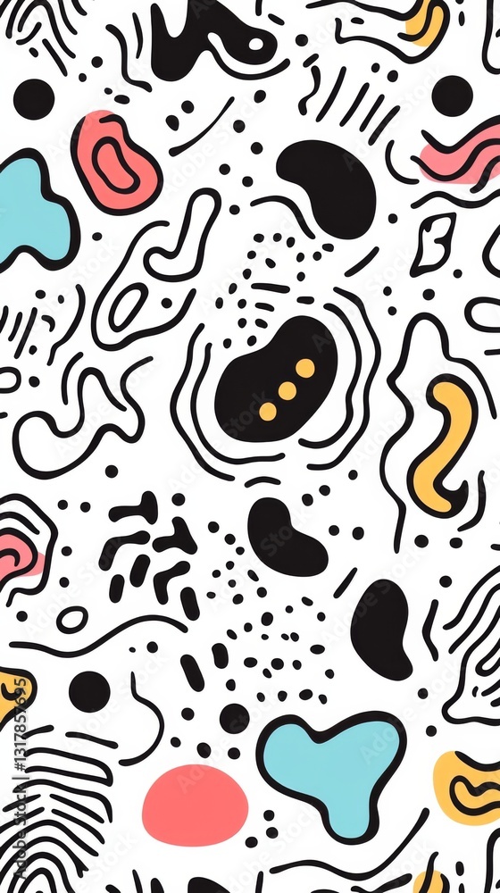 Fototapeta premium Playful seamless doodle pattern with abstract squiggle lines and basic shapes