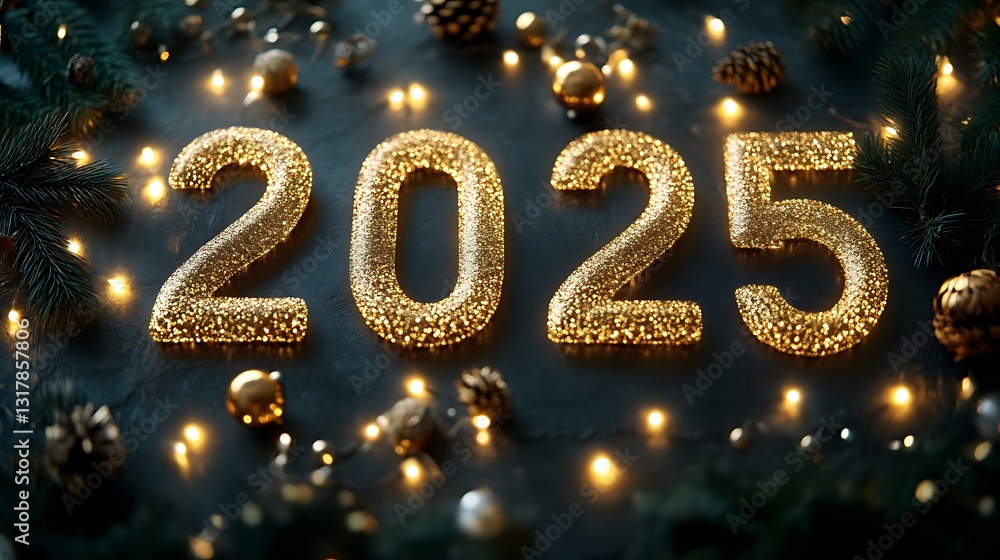 A shiny gold glittering numeral year displays the approaching future A shiny gold glittering numeral year displays the approaching future