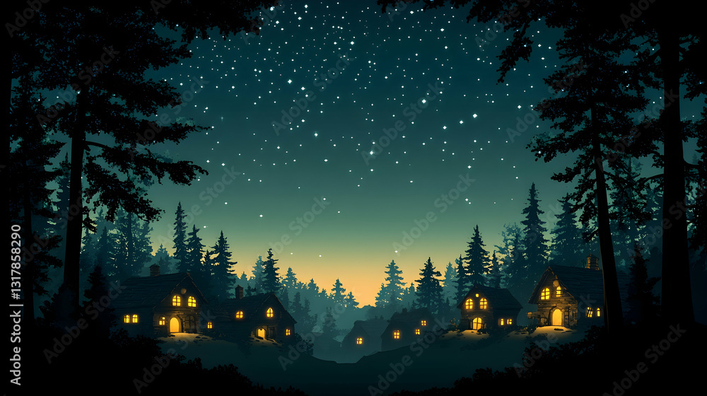 Fototapeta premium Peaceful night in the forest with illuminated houses