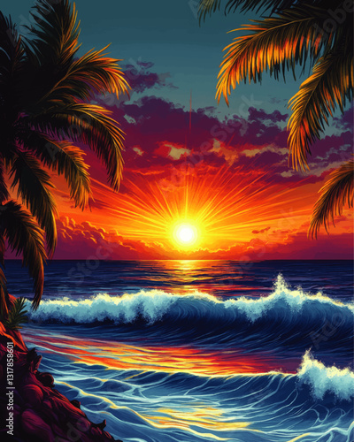 Vibrant Tropical Sunset Vector Art with Palm Trees and Ocean Waves, Stunning Scenic Beach Landscape, Colorful Horizon for Nature and Summer-Themed Designs photo