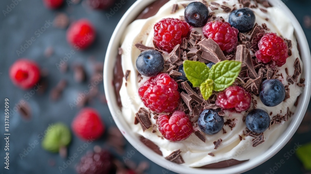 Chocolate mousse with whipped cream, berries, and shaved chocolate. Chocolate mousse with whipped cream, berries, and shaved chocolate.