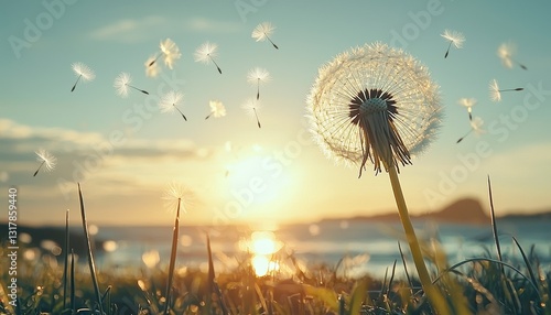 In the tranquil embrace of a sun-kissed meadow, a delicate dandelion stands tall, its ethereal seeds poised for flight With each gentle gust of wind, they embark on a whimsical journey, dancing