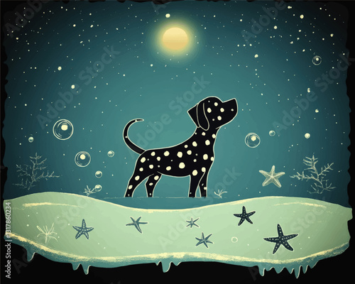 Enchanting Night Ocean Scene with Starry Sky and Celestial Moon Over Waves and Starfish Featuring Silhouetted Dog with White Spots and Floating Bubbles