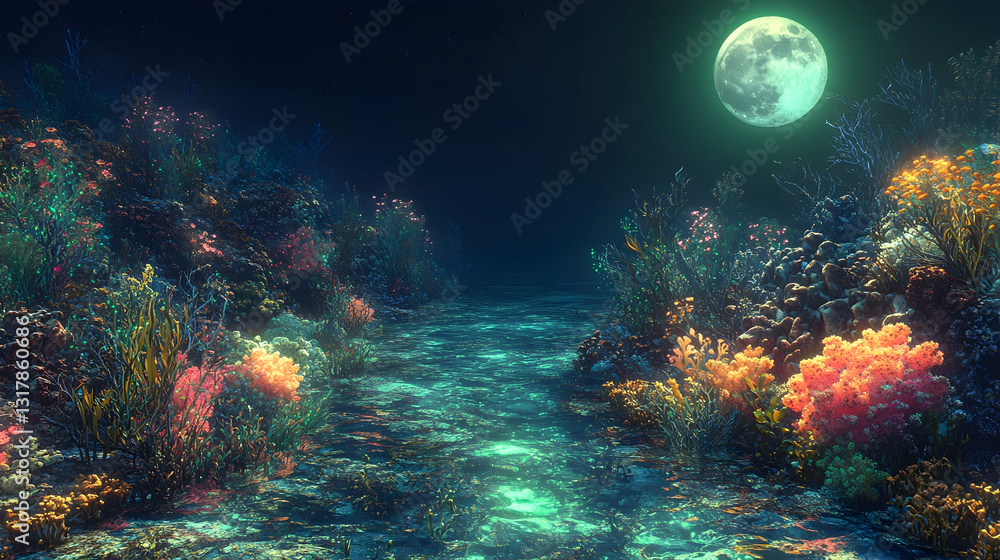 Sublime coral reef at night under a luminous moon. A vibrant underwater scene with colorful corals and flowing water Sublime coral reef at night under a luminous moon. A vibrant underwater scene with colorful corals and flowing water