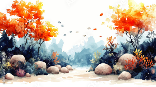 Stunning Autumn Nature Scene with Digital Watercolor Trees, Rocks, Bushes, and Swimming Fish | Ideal Vector for Designers Looking for Vibrant Seasonal Landscapes