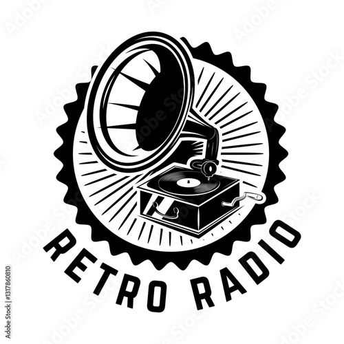 Radio labels. Retro radio, record studio, rock and roll radio emblems. Old style microphone, guitars. Design elements for logo, label, sign, badge.
