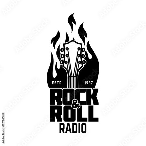 Radio labels. Retro radio, record studio, rock and roll radio emblems. Old style microphone, guitars. Design elements for logo, label, sign, badge.