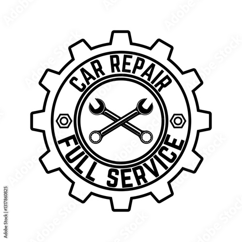 Logo for repair workshop. Emblem mechanics. Tools mechanics - open-end wrench, adjustable wrench. Hand with  a spanner. Logo workshop in the old school style.