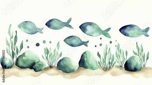 Serene Underwater Scene Vector Illustration Featuring Blue Fish, Green Seaweed, and Rocks in a Watercolor Style - Perfect for Ocean-Themed Art and Design