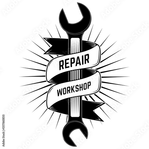 Logo for repair workshop. Emblem mechanics. Tools mechanics - open-end wrench, adjustable wrench. Hand with  a spanner. Logo workshop in the old school style.