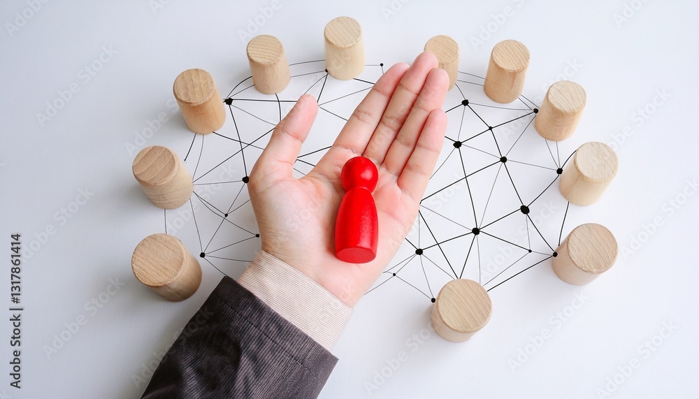 Obraz premium a person figurine in a hand surrounded by other wooden figures connected by a network diagram
