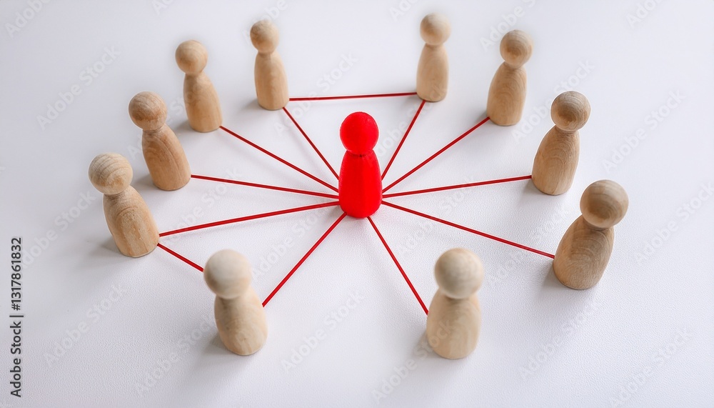 Obraz premium a team of wooden figures are connected, symbolizing teamwork and leadership. The central figure is red