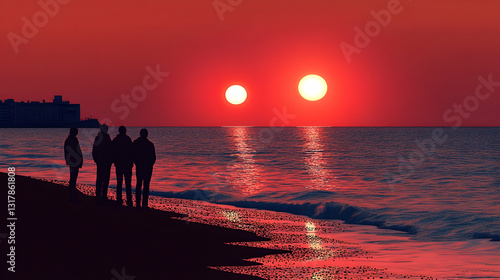 Silhouette of people watching a double sunrise over the ocean