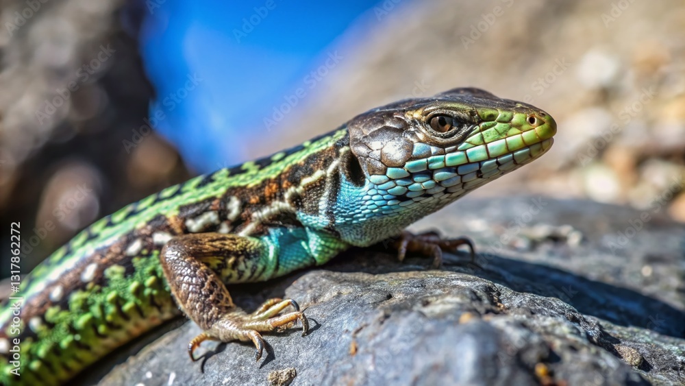 European Common Wall Lizard basking in sunlight, copy space left European Common Wall Lizard basking in sunlight, copy space left