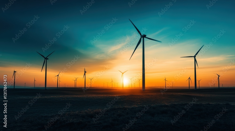 Fototapeta premium Wind turbines silhouetted against a vibrant sunset in a vast landscape, symbolizing renewable energy