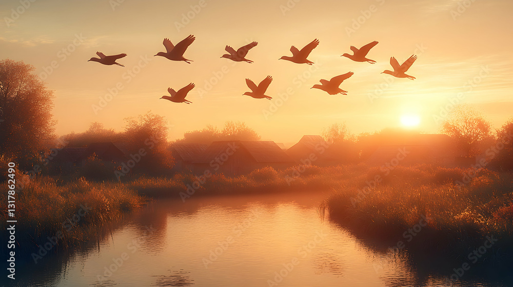 Silhouetted birds soar over a tranquil river at sunrise Silhouetted birds soar over a tranquil river at sunrise