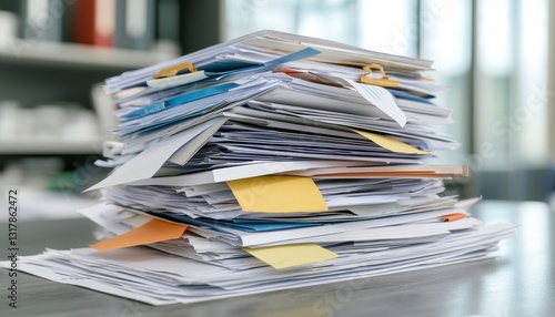In this close-up photograph, a substantial pile of paper documents takes center stage, showcasing the overwhelming nature of paperwork The stack consists of numerous sheets of paper, creating a