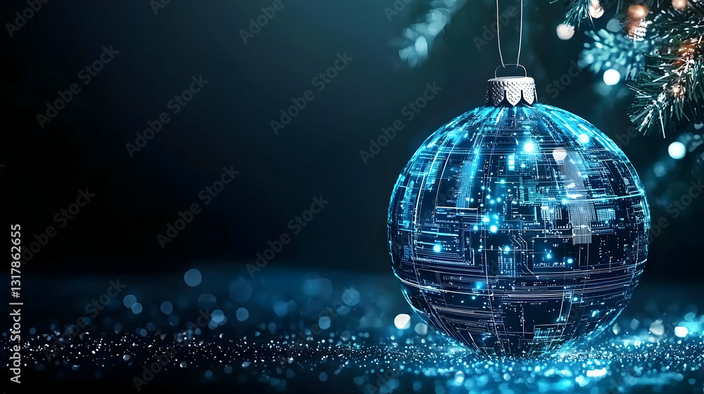 Obraz premium Glowing Blue Christmas Ornament On Sparkling Glitter With Dark Background And Festive Holiday Lights