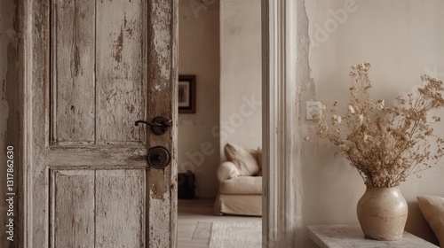 A room with a door and a vase of flowers.