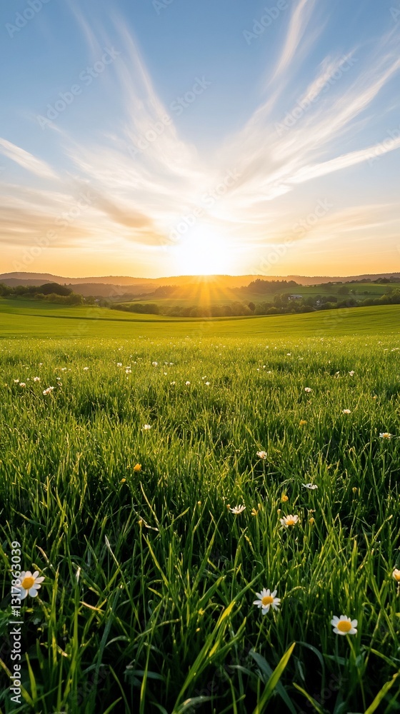 Sunset over green field, daisies, hills Sunset over green field, daisies, hills