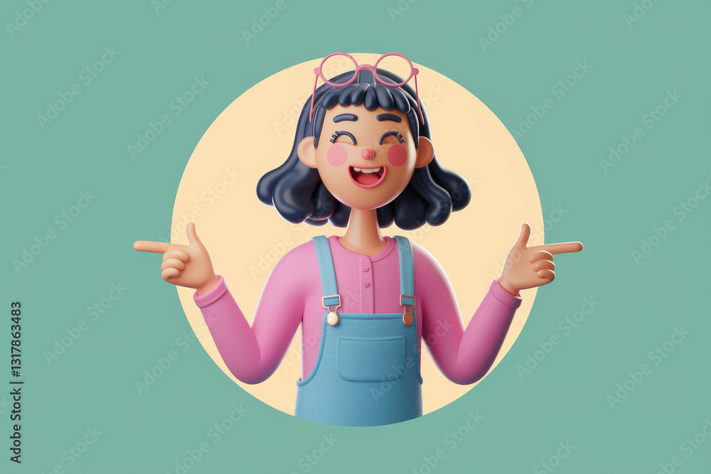 Happy Cartoon Girl with Glasses in Pink Sweater and Blue Overalls Gesturing Enthusiastically Happy Cartoon Girl with Glasses in Pink Sweater and Blue Overalls Gesturing Enthusiastically