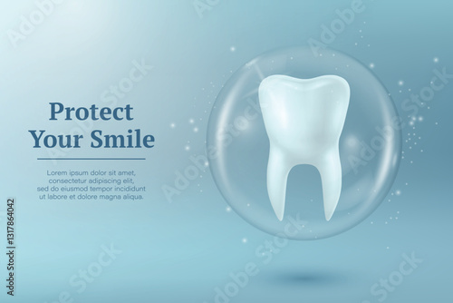 Protect Your Smile. Vector 3D Realistic Tooth in a Protective Bubble Isolated on a Blue Background. Design Template, Clipart, Mockup. Dentistry, Healthcare, Medical, Hygiene, Protection Concept