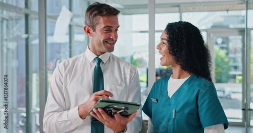 Tablet, hospital and nurse with man for discussion for administration, advice and meeting. Healthcare, team and medicine sales rep with woman on tech for research, online diagnosis or medical service