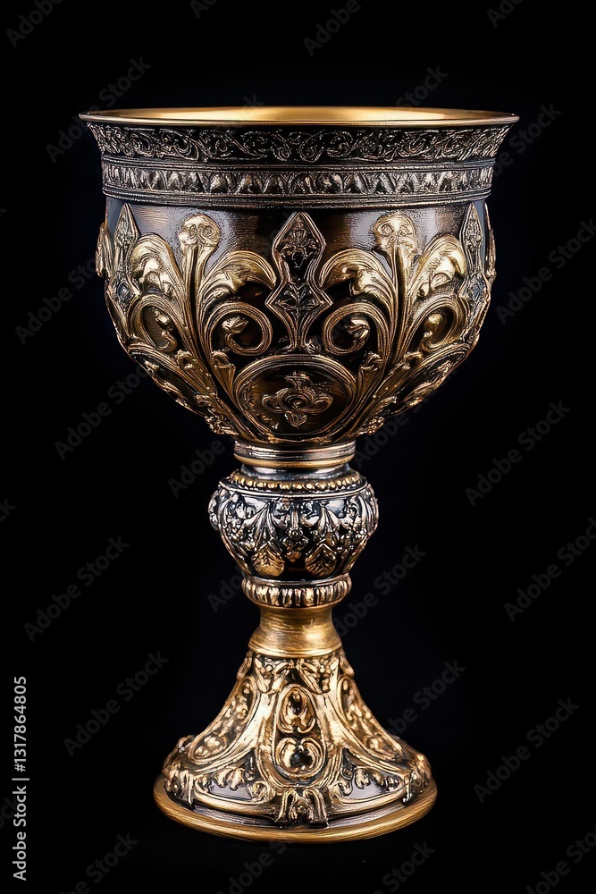 Sacred ceremonial chalice with ornate religious detailing Sacred ceremonial chalice with ornate religious detailing
