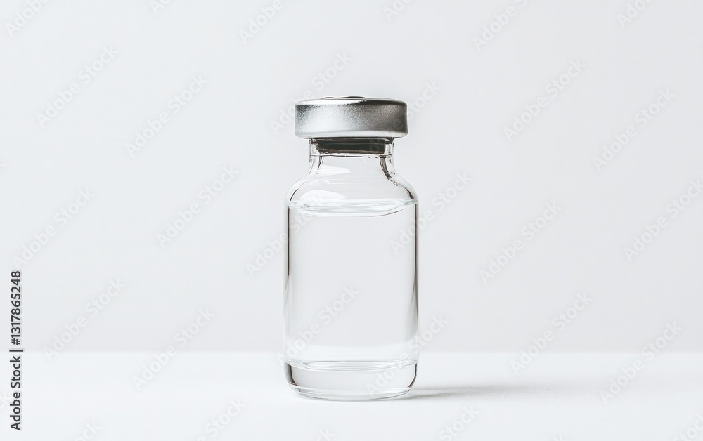 Clear Glass Vial with Silver Cap on White Background Clear Glass Vial with Silver Cap on White Background