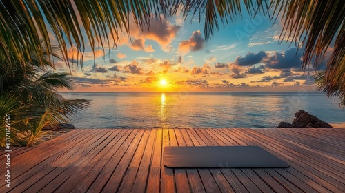 Serene Yoga Retreat Wooden Deck Overlooking Tropical Beach Sunset With Empty Mat For Mindfulness And Wellness Practice