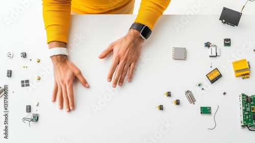 Person's Hands Among Electronic Components on White Table