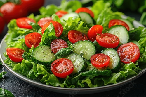 Fresh, vibrant salad of crisp lettuce, juicy cucumbers, and sweet cherry tomatoes photo