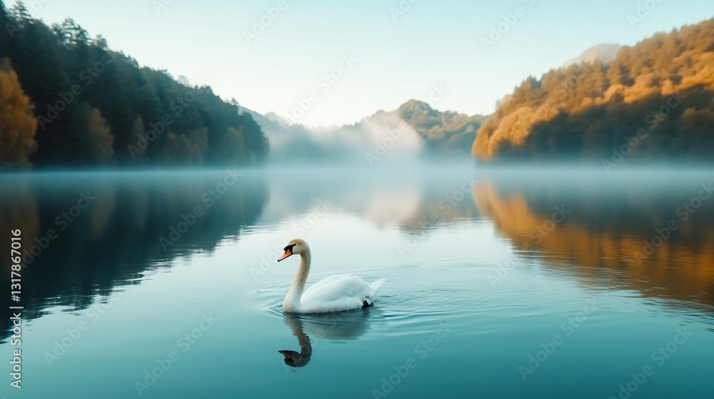 Fototapeta premium Swan swimming misty lake autumn sunrise