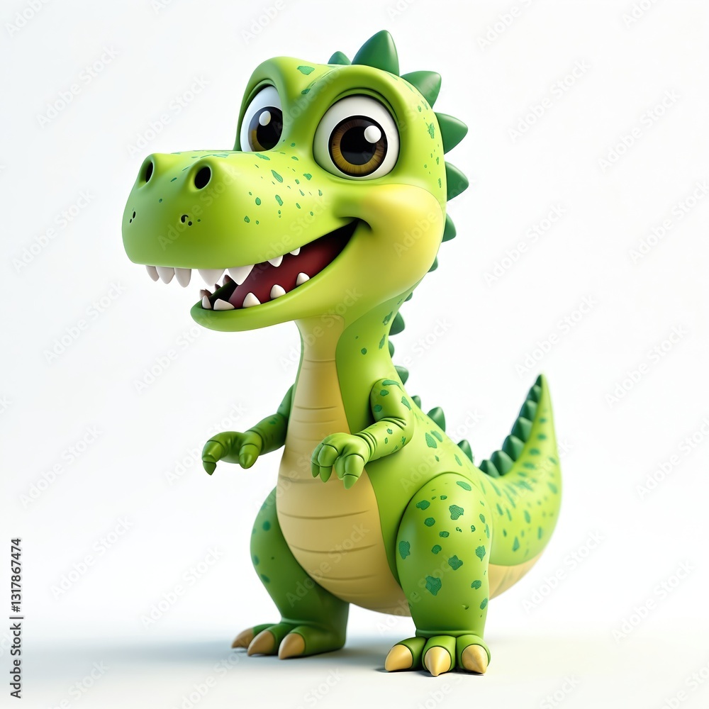 Fototapeta premium 3D render of cute dinosaur mascot isolated on white background. Cartoon animal character design, friendly, colourful. Playful visual representation, digital detailed artwork, modern decor icon,