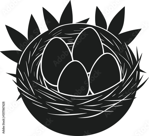 Bird Nest with Four Eggs – Black Silhouette Spring Vector Illustration