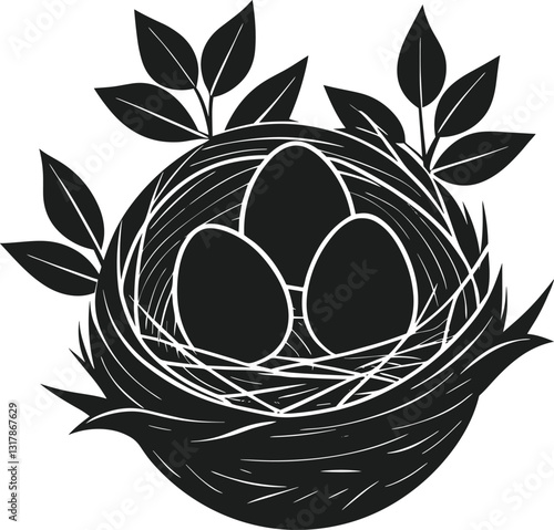 Bird Nest with Eggs and Leaves – Elegant Spring Silhouette Vector