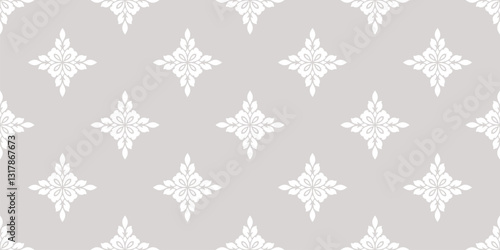Elegant geometric floral ornament. Simple seamless pattern in damask, oriental style, with abstract flower silhouettes, foliage, tiles. Subtle white and beige background. Repeating delicate geo design