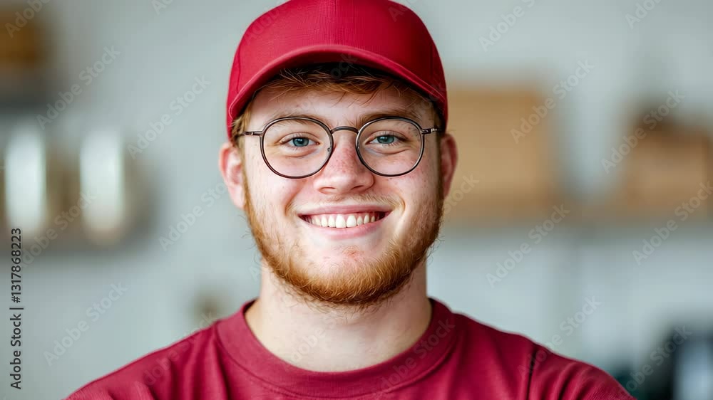 Young Man With Down Syndrome Wearing Red Cap and Glasses Smiling in Casual Shirt in a Modern Room Environment With Soft Focus and Warm Lighting Full Frontal Portrait Style Indoors Young Man With Down Syndrome Wearing Red Cap and Glasses Smiling in Casual Shirt in a Modern Room Environment With Soft Focus and Warm Lighting Full Frontal Portrait Style Indoors
