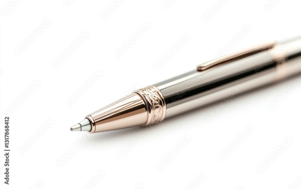 Sleek Metallic Pen with Rose Gold Accents on White Background Sleek Metallic Pen with Rose Gold Accents on White Background