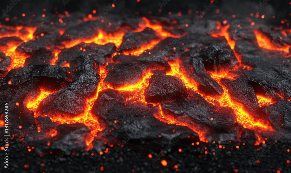 Molten lava flowing over cracked rocks, volcanic eruption scene Molten lava flowing over cracked rocks, volcanic eruption scene