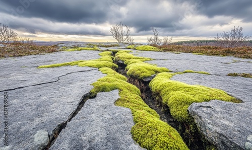 Mossy crack in rock plateau under cloudy sky photo