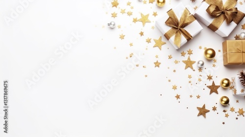 Christmas and New Year background. Gift boxes, golden balls and confetti on white background. Flat lay, top view, copy space.
