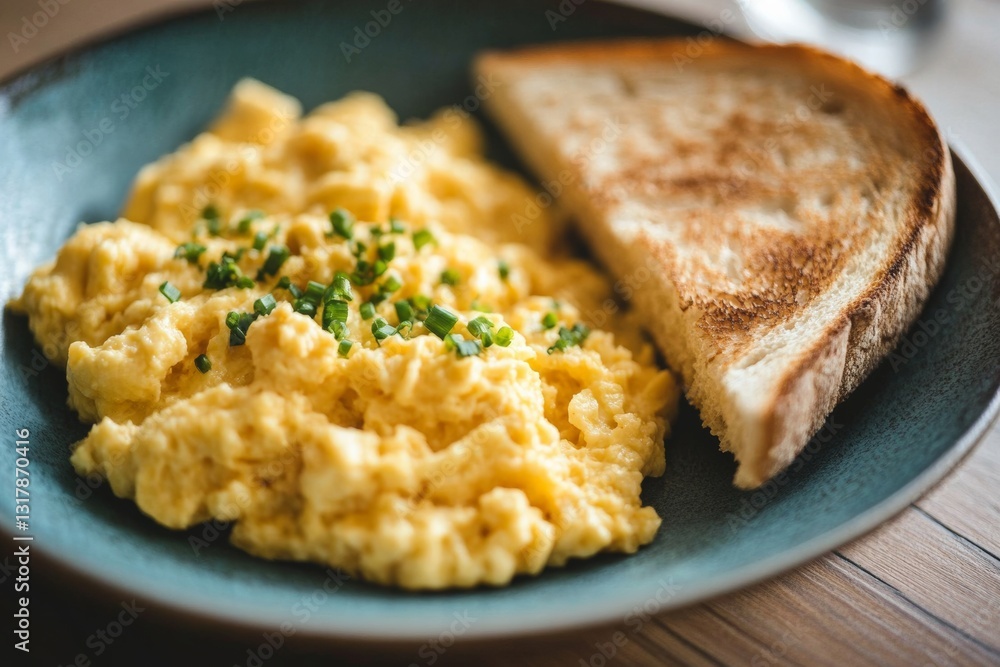 breakfast of scrambled eggs and toast on a wooden table, protein and carbohydrates