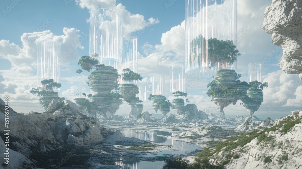 Fototapeta premium A surreal landscape with floating islands and a river, surrounded by clouds and blue sky.